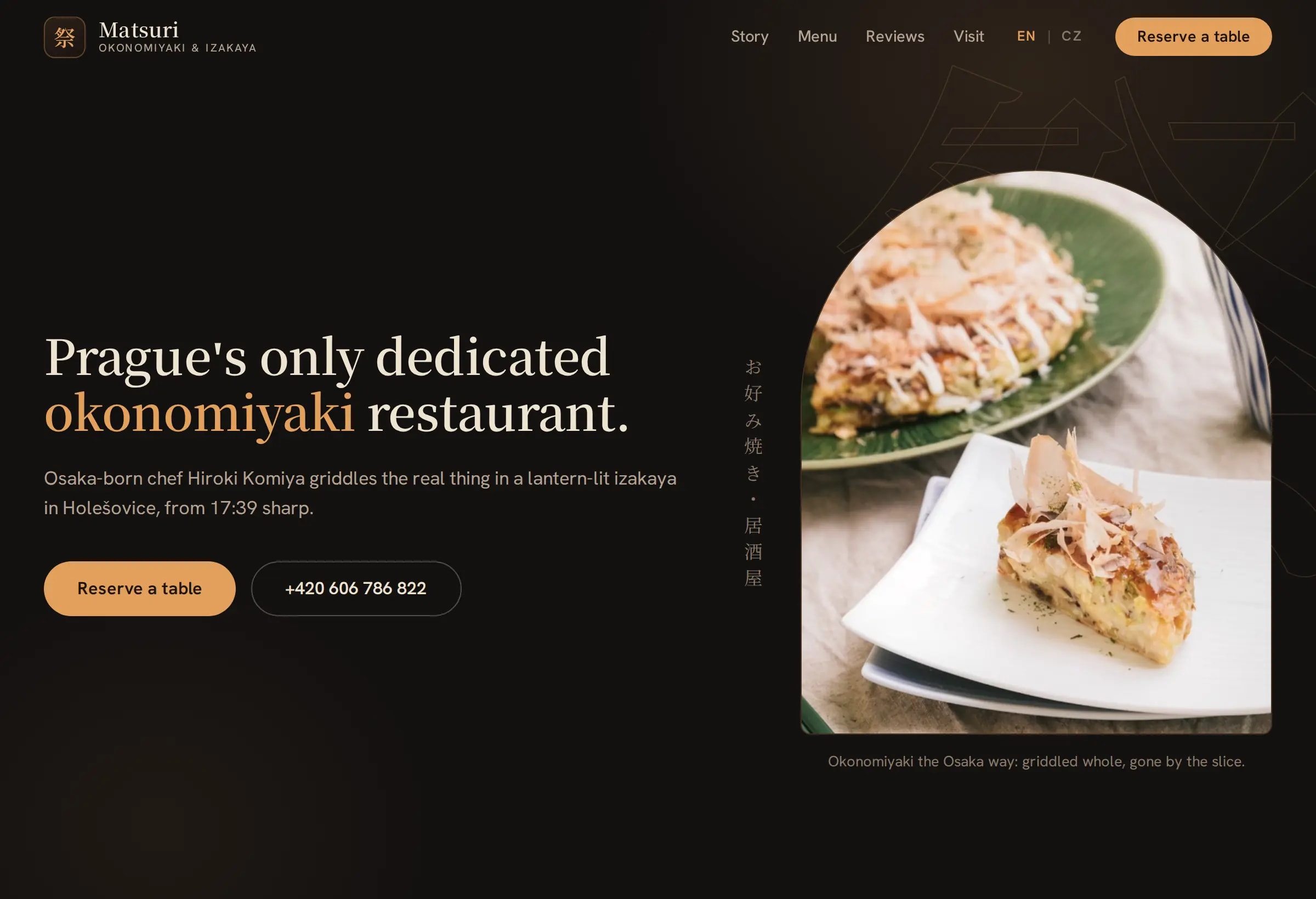 The website built for Matsuri, a okonomiyaki restaurant in Prague